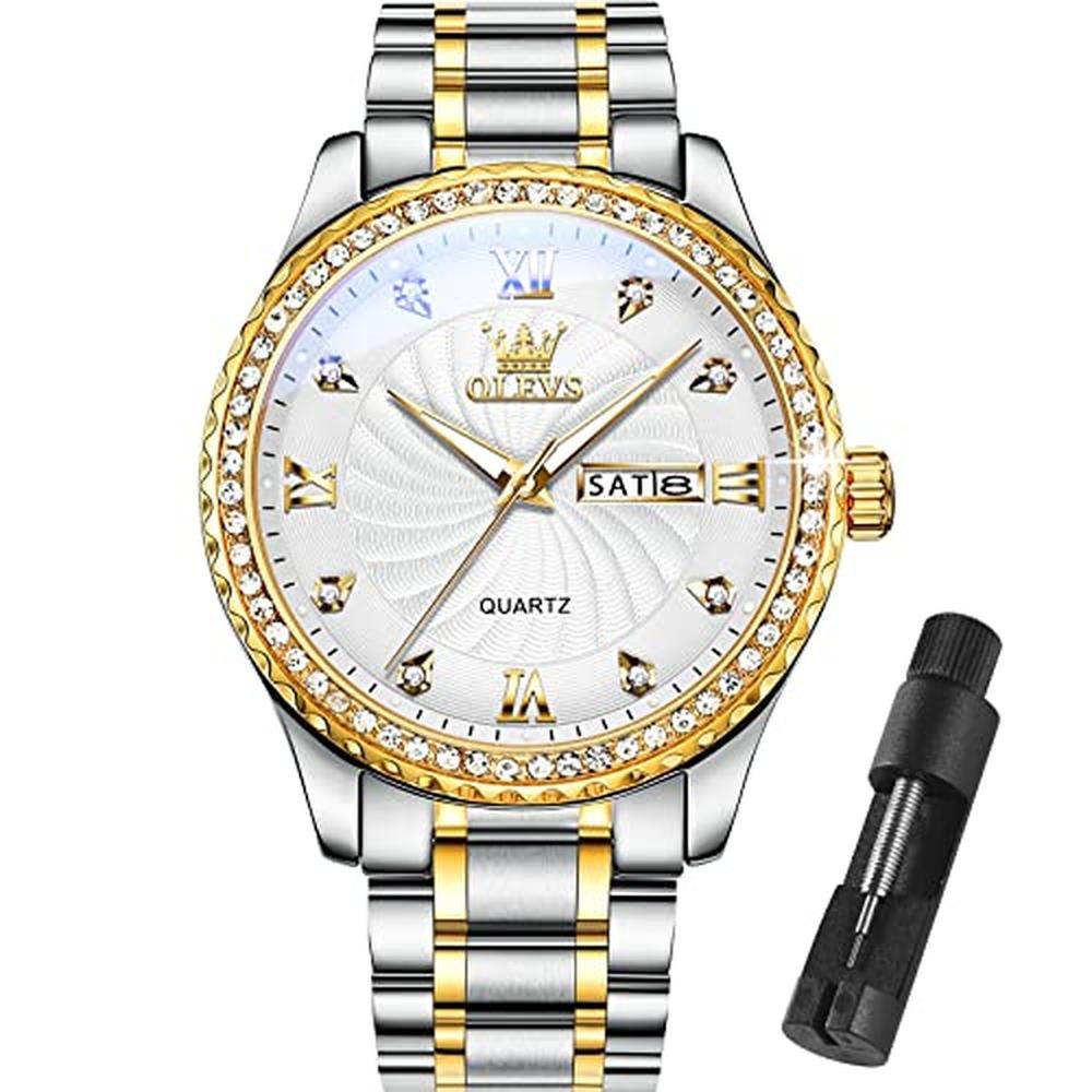 Watch Mens: OLEVS Gold Diamond Luxury Stainless Steel – Front View