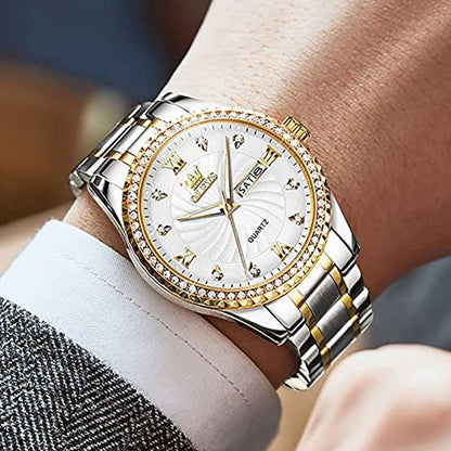 Watch Mens: OLEVS Gold Diamond Luxury Stainless Steel – Side View