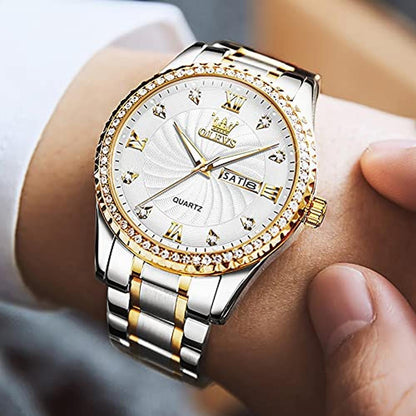 Watch Mens: OLEVS Gold Diamond Luxury Stainless Steel – Close-up Detail
