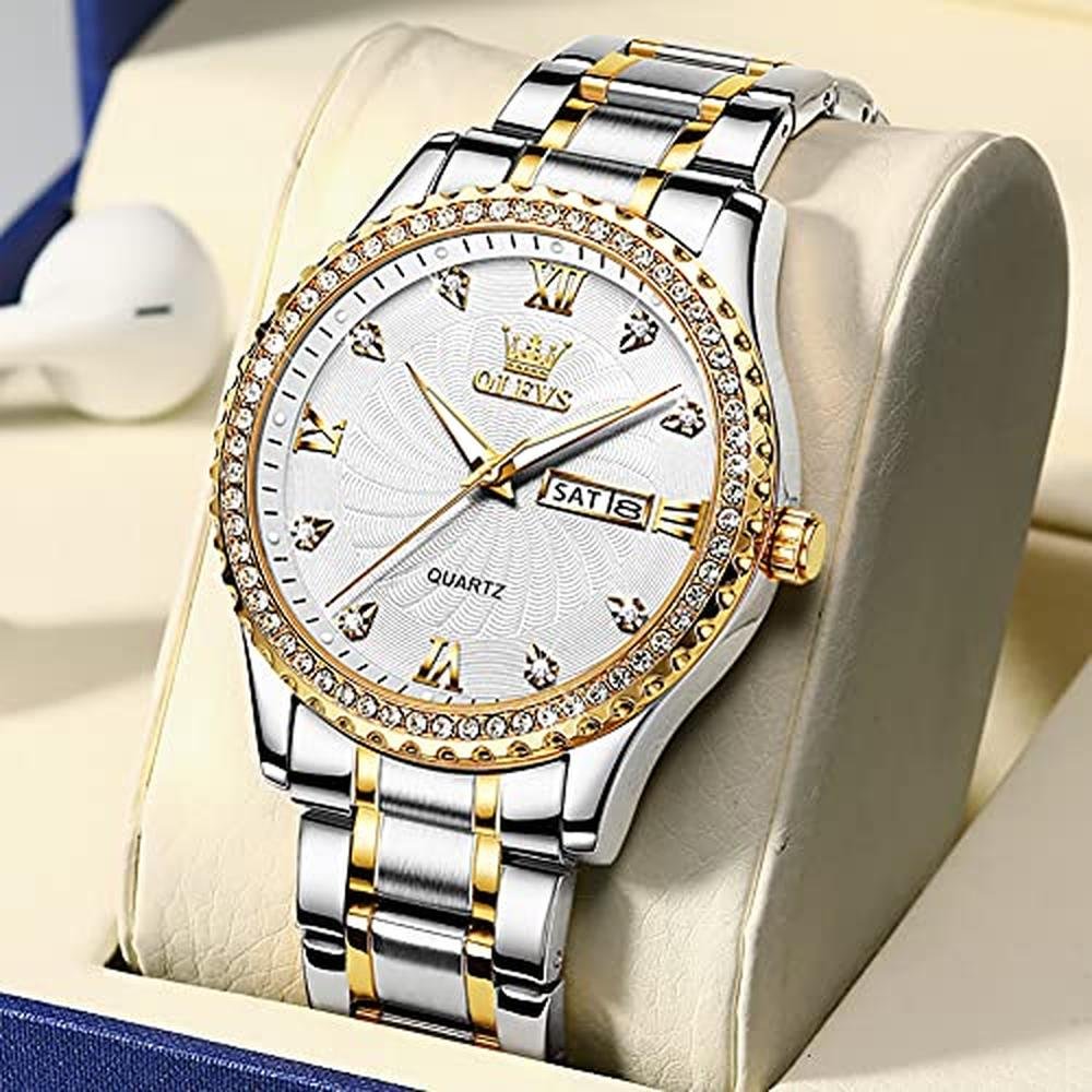 Watch Mens: OLEVS Gold Diamond Luxury Stainless Steel – In Use