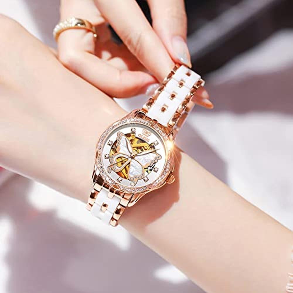 Premium OLEVS Women's Rose Gold Automatic Watches with – Side View