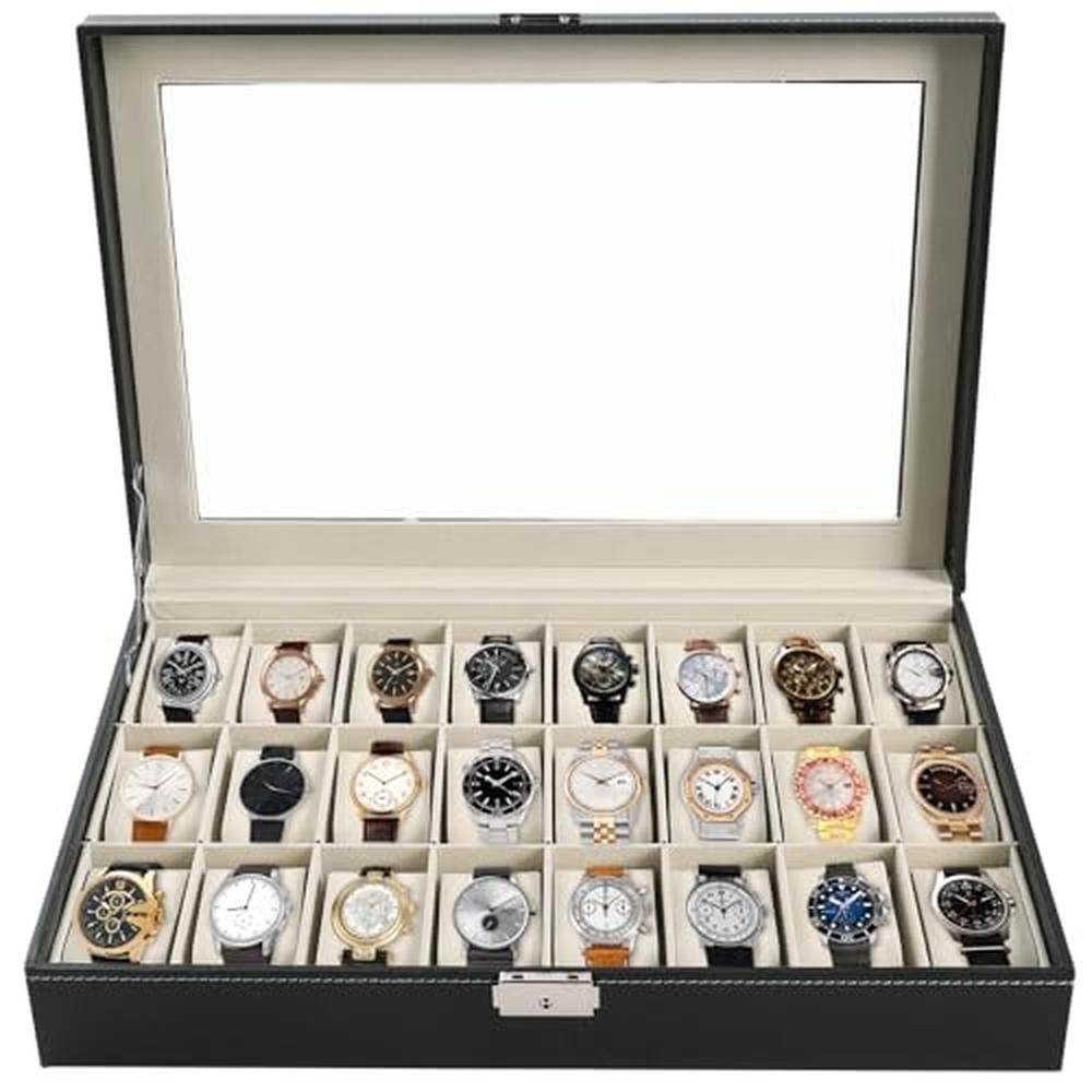 Watch Box: AMGSH 24-Slot Elegant Portable Black Watch – Front View