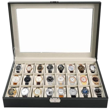 Watch Box: AMGSH 24-Slot Elegant Portable Black Watch – Front View