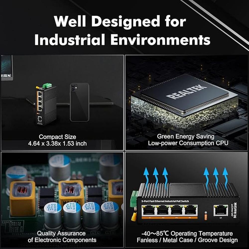 MokerLink 5 Port PoE Industrial DIN-Rail Network Switch – Side View