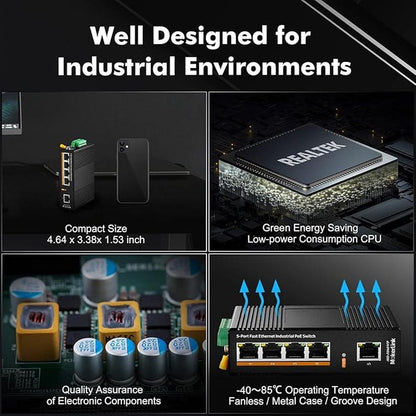 MokerLink 5 Port PoE Industrial DIN-Rail Network Switch – Side View
