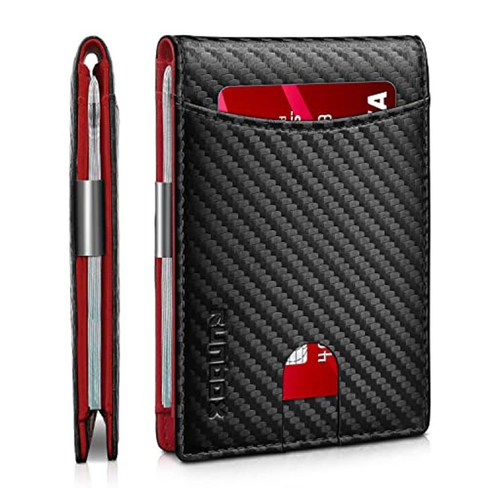 Wallet Men: RUNBOX Red Slim Bifold Leather Wallet – Front View