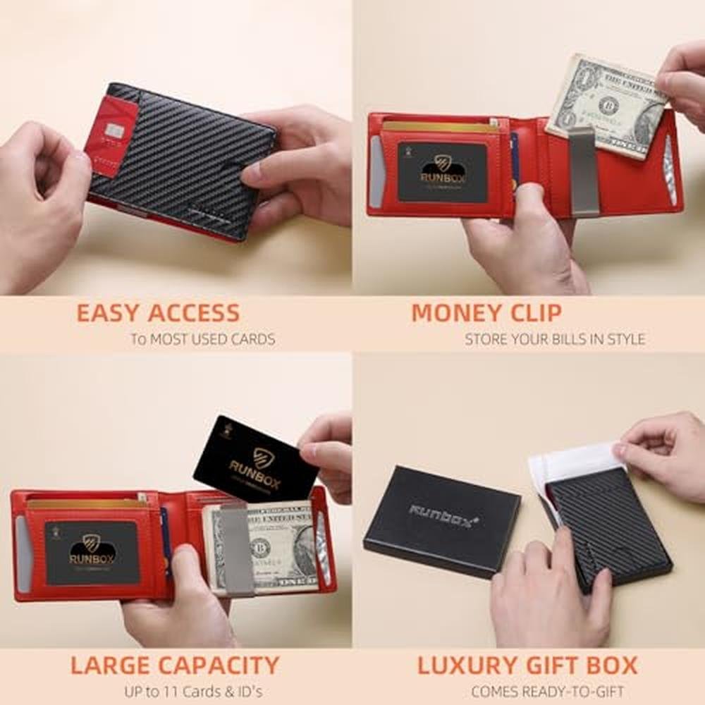 Wallet Men: RUNBOX Red Slim Bifold Leather Wallet – Close-up Detail