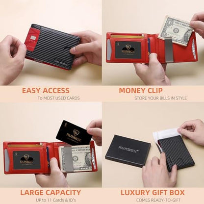 Wallet Men: RUNBOX Red Slim Bifold Leather Wallet – Close-up Detail