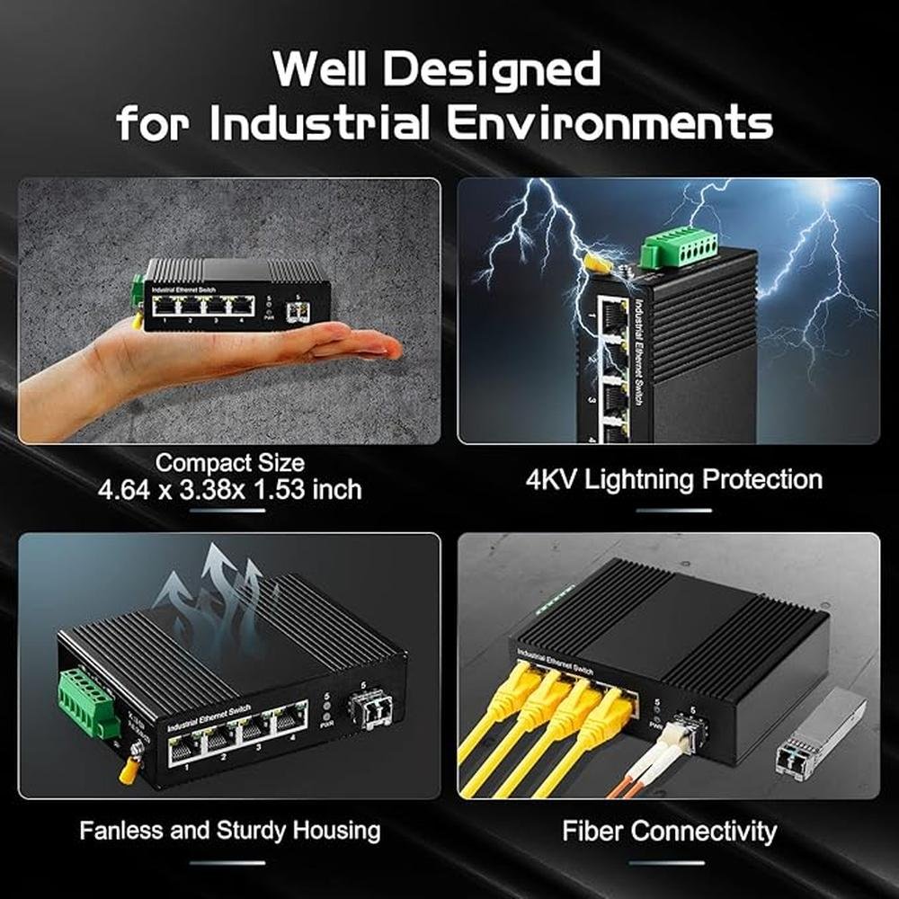 Binardat 5 Port Gigabit PoE Din Rail Industrial Ethernet – Side View