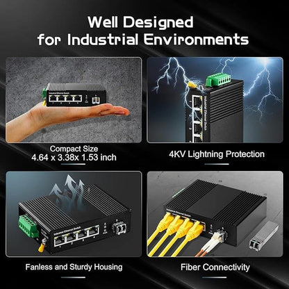 Binardat 5 Port Gigabit PoE Din Rail Industrial Ethernet – Side View