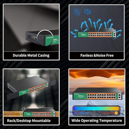 24 Port Gigabit PoE Switch with 2 Uplink Gigabit Ethernet – Close-up Detail