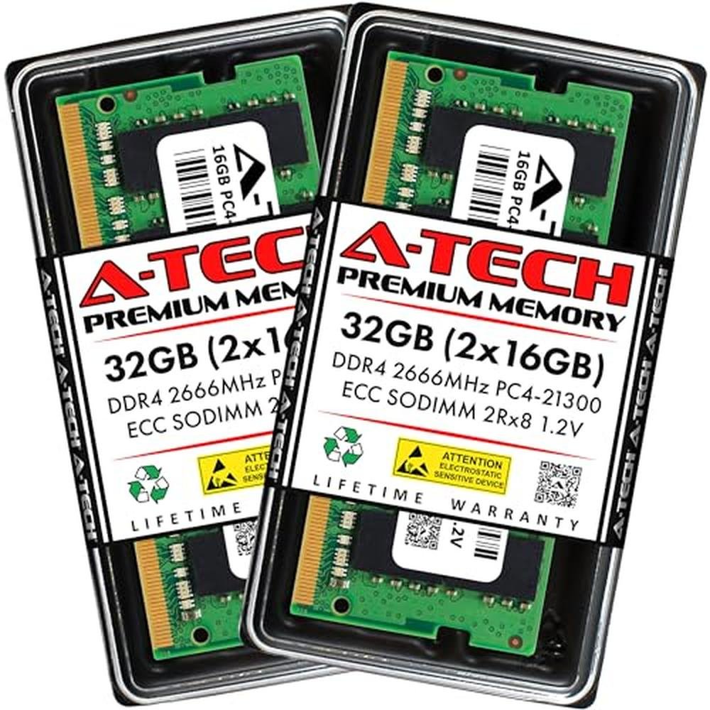 A-Tech 32GB Kit: 2x16GB DDR4 2666MHz PC4-21300 ECC SODIMM – Front View