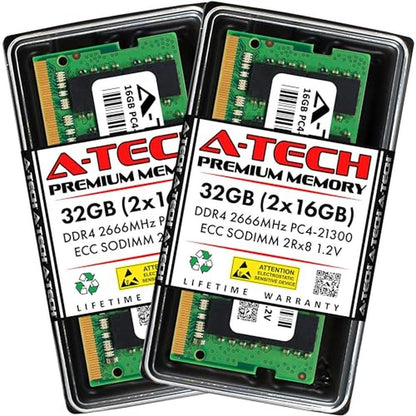 A-Tech 32GB Kit: 2x16GB DDR4 2666MHz PC4-21300 ECC SODIMM – Front View