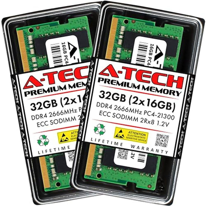 A-Tech 32GB Kit: 2x16GB DDR4 2666MHz PC4-21300 ECC SODIMM – Front View