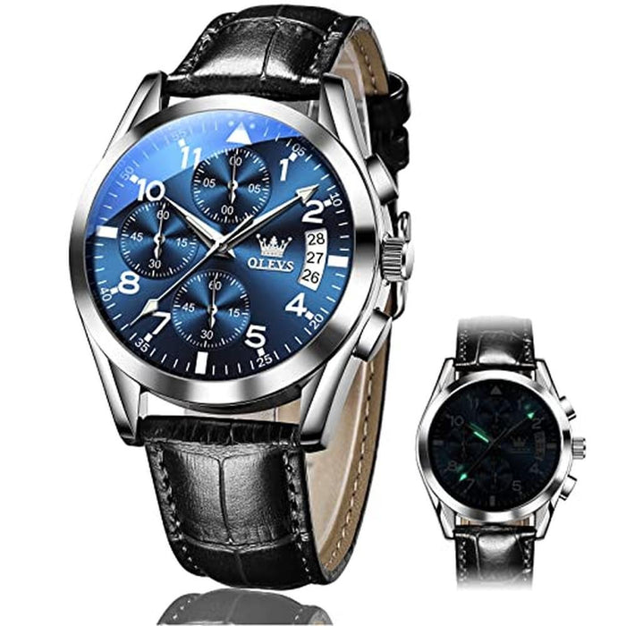Leather Watches: OLEVS Blue Silver Chronograph – Front View