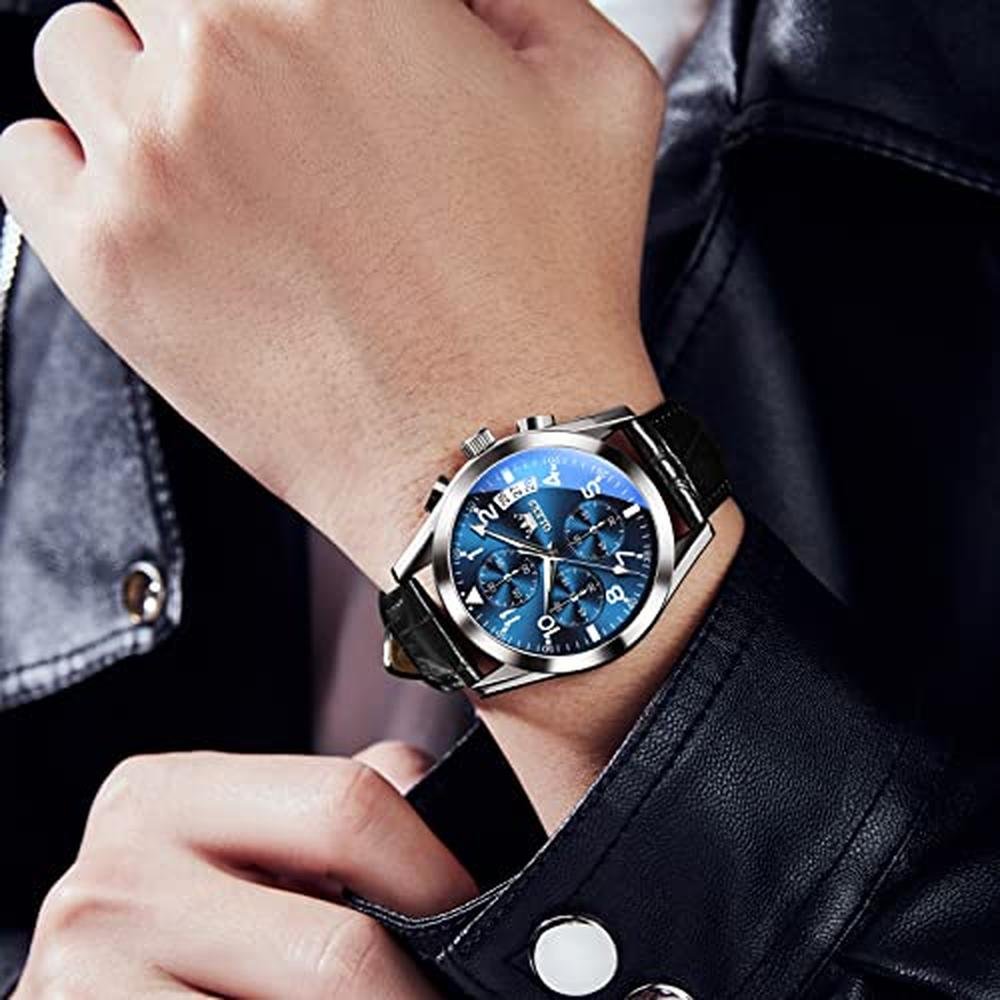 Leather Watches: OLEVS Blue Silver Chronograph – Side View