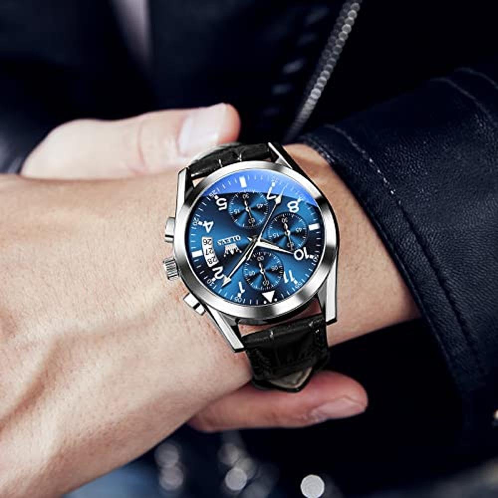 Leather Watches: OLEVS Blue Silver Chronograph – Close-up Detail