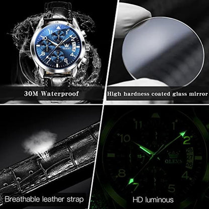 Leather Watches: OLEVS Blue Silver Chronograph – In Use