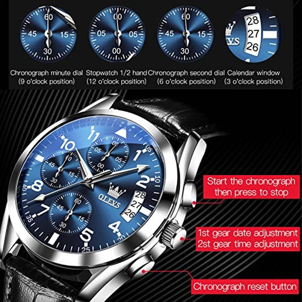 Leather Watches: OLEVS Blue Silver Chronograph – Packaging