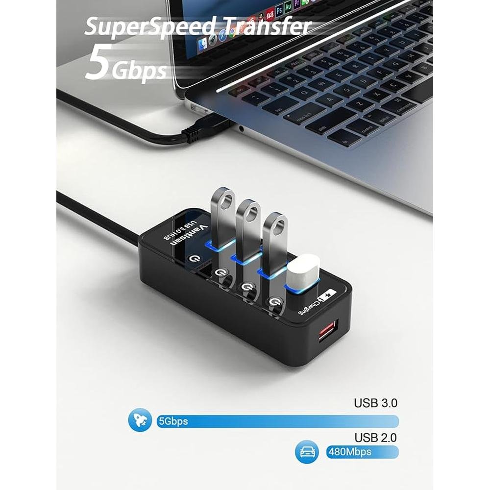 Powered USB 3.0 Hub: USB Extension 4-Port USB Hub Splitter – Side View