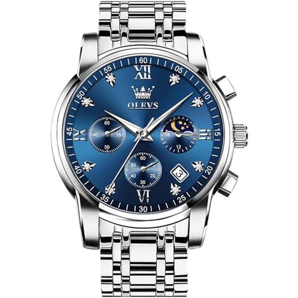Watches Men: OLEVS Silver Mens Watches Large Blue Face – Front View