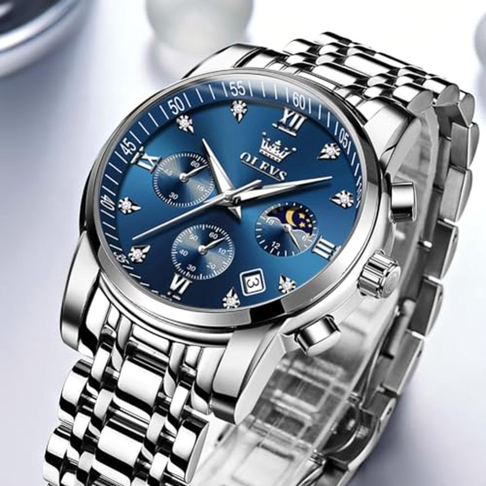 Watches Men: OLEVS Silver Mens Watches Large Blue Face – Side View