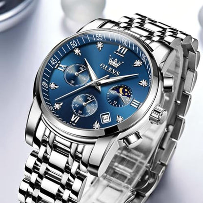 Watches Men: OLEVS Silver Mens Watches Large Blue Face – Side View