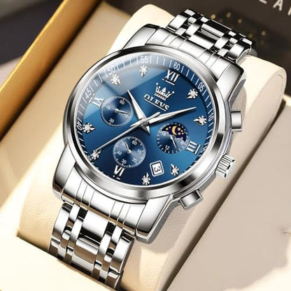 Watches Men: OLEVS Silver Mens Watches Large Blue Face – Close-up Detail