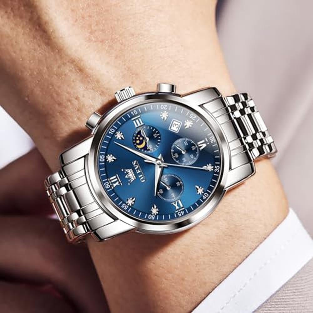 Watches Men: OLEVS Silver Mens Watches Large Blue Face – In Use
