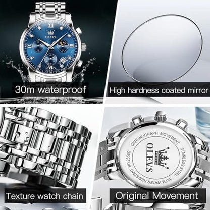 Watches Men: OLEVS Silver Mens Watches Large Blue Face – Packaging