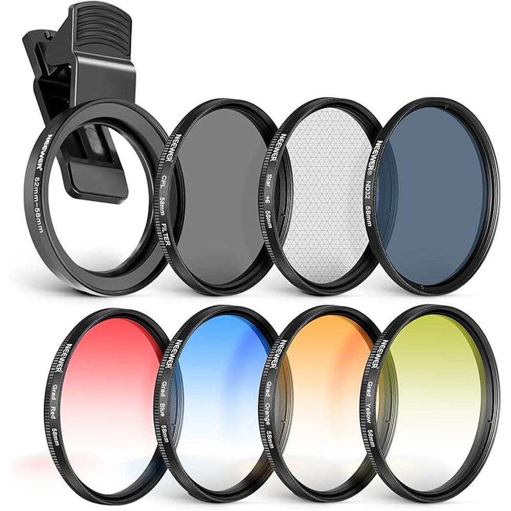 Filter Lens: Neewer 58mm Lens Filter Kit with Mobile Phone – Front View