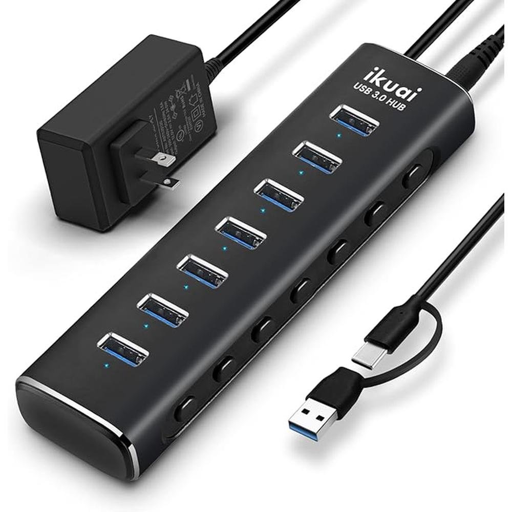 Powered USB 3.0 /USB C Hub: ikuai Aluminium 7-Port USB Hub – Front View