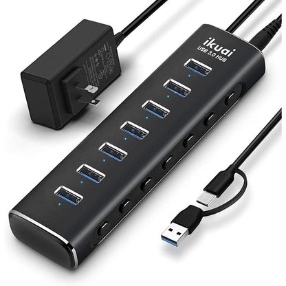 Powered USB 3.0 /USB C Hub: ikuai Aluminium 7-Port USB Hub – Front View