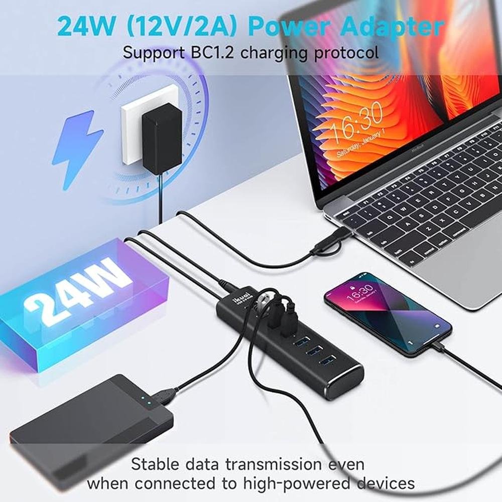 Powered USB 3.0 /USB C Hub: ikuai Aluminium 7-Port USB Hub – Side View