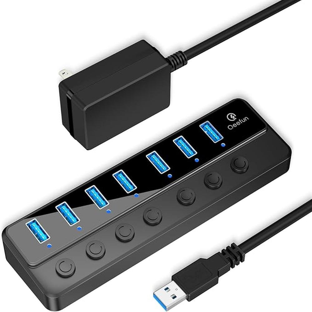 Qeefun Powered USB Hub: 7-Port USB 3.0 Data Extender with – Front View