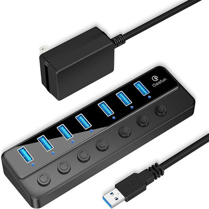 Qeefun Powered USB Hub: 7-Port USB 3.0 Data Extender with – Front View