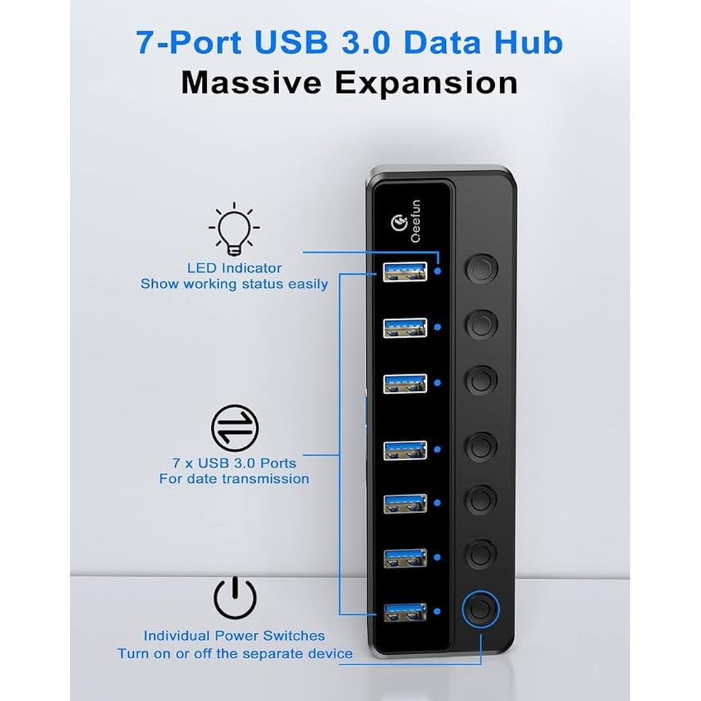 Qeefun Powered USB Hub: 7-Port USB 3.0 Data Extender with – In Use