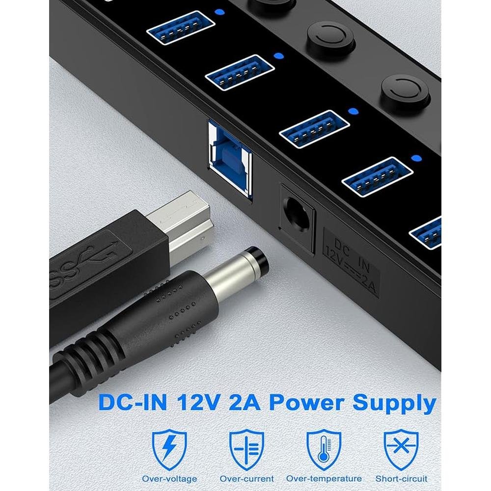 Qeefun Powered USB Hub: 7-Port USB 3.0 Data Extender with – Packaging