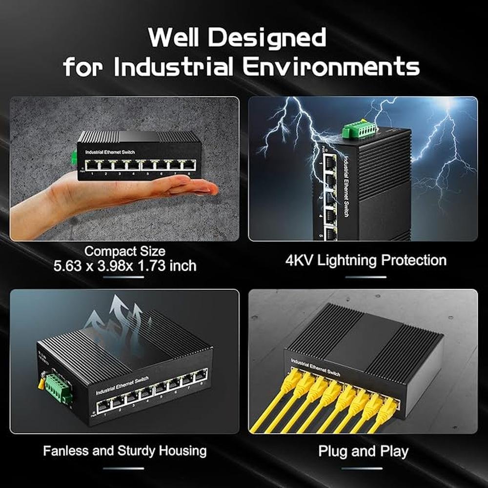 Binardat 8 Port Gigabit Din Rail Industrial Ethernet Switch – Close-up Detail