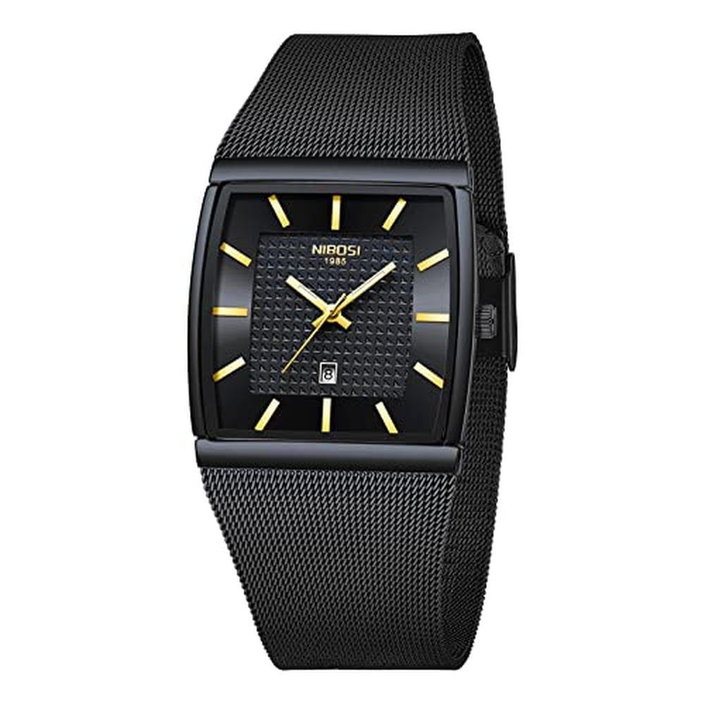 Men Watches: NIBOSI Square Analog Quartz Stainless Steel – Front View