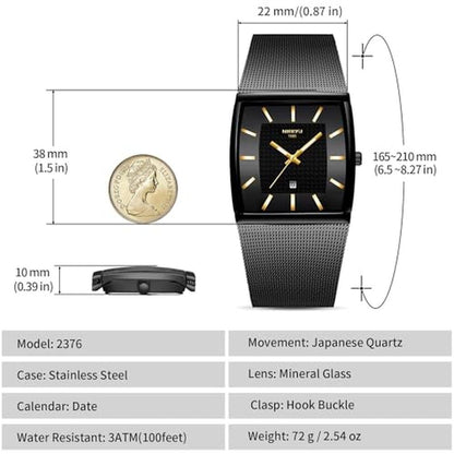 Men Watches: NIBOSI Square Analog Quartz Stainless Steel – Close-up Detail
