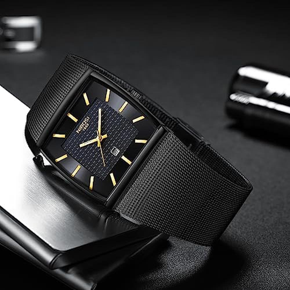 Men Watches: NIBOSI Square Analog Quartz Stainless Steel – Packaging