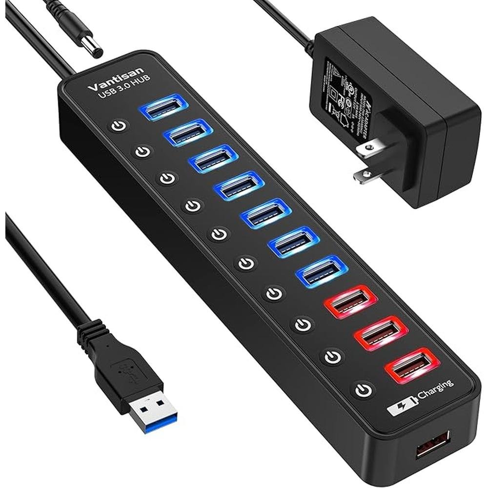 Powered USB 3.0 hub: 11-Port USB Hub Splitter Extension 7 – Front View