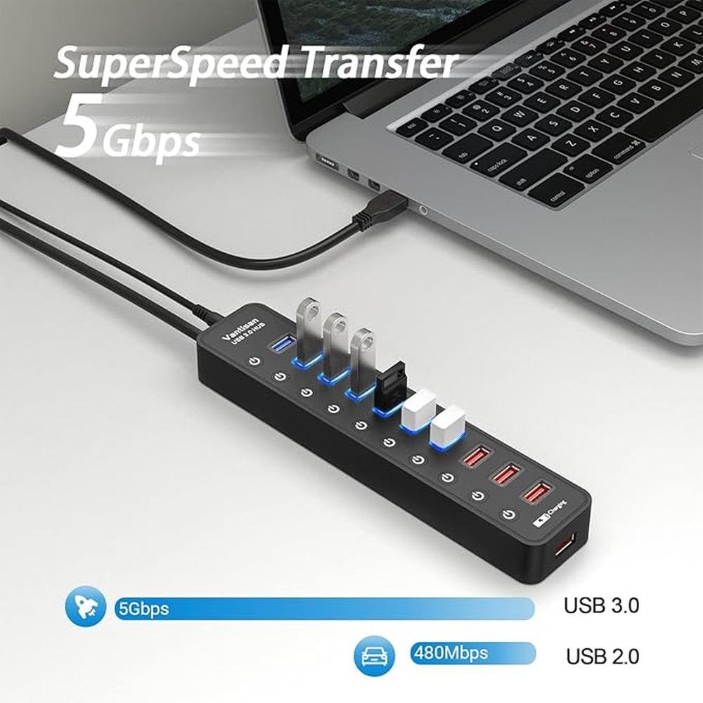 Powered USB 3.0 hub: 11-Port USB Hub Splitter Extension 7 – Side View