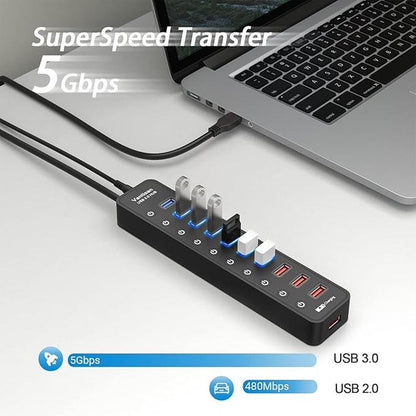 Powered USB 3.0 hub: 11-Port USB Hub Splitter Extension 7 – Side View