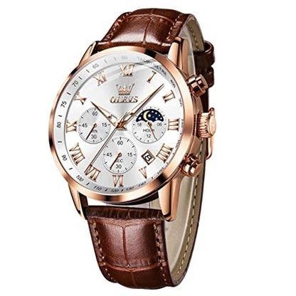 OLEVS Mens Watches: Luxury Leather Chronograph – Front View