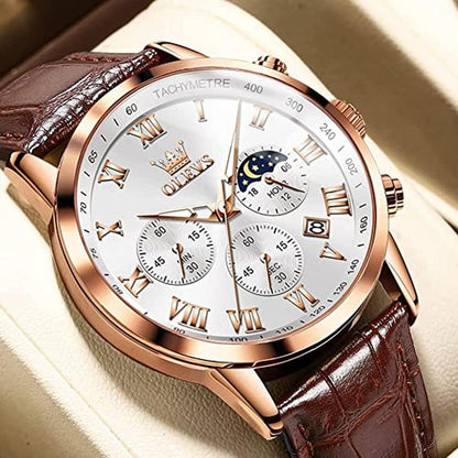 OLEVS Mens Watches: Luxury Leather Chronograph – Side View