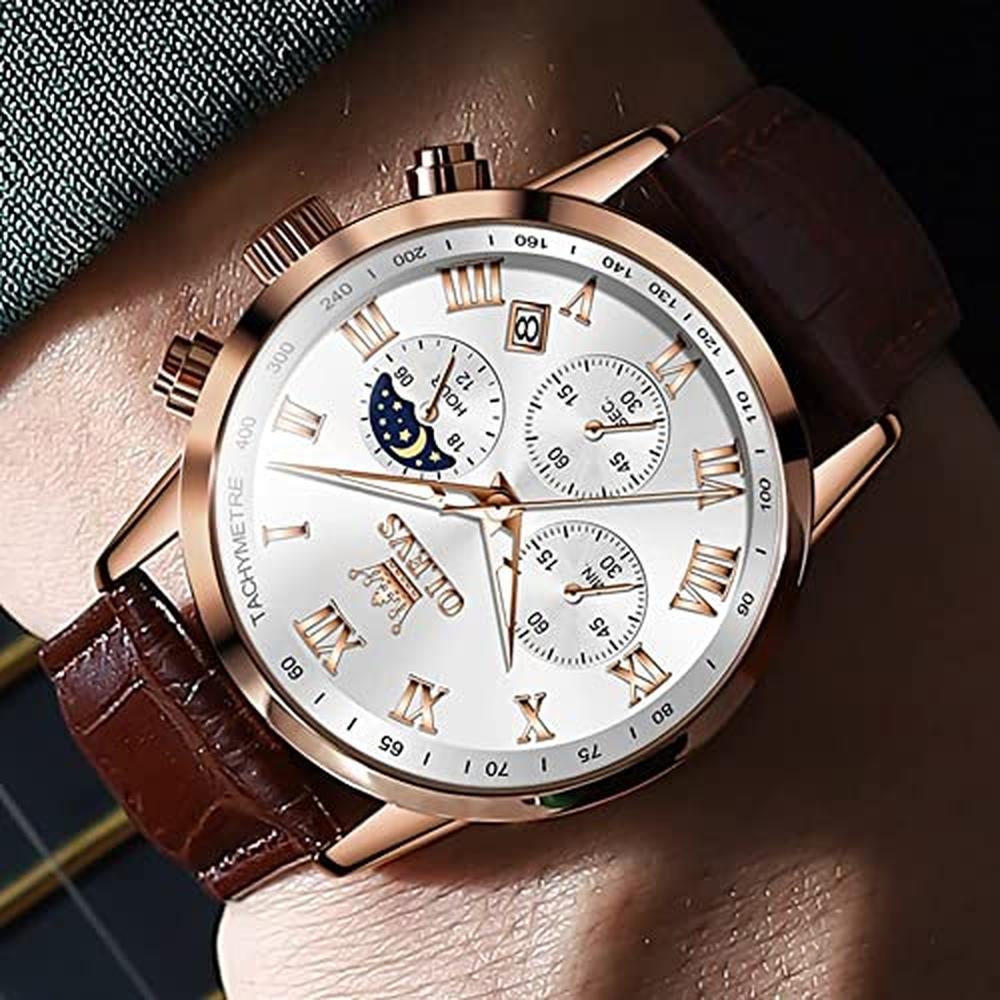 OLEVS Mens Watches: Luxury Leather Chronograph – Close-up Detail