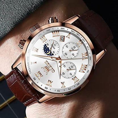 OLEVS Mens Watches: Luxury Leather Chronograph – Close-up Detail