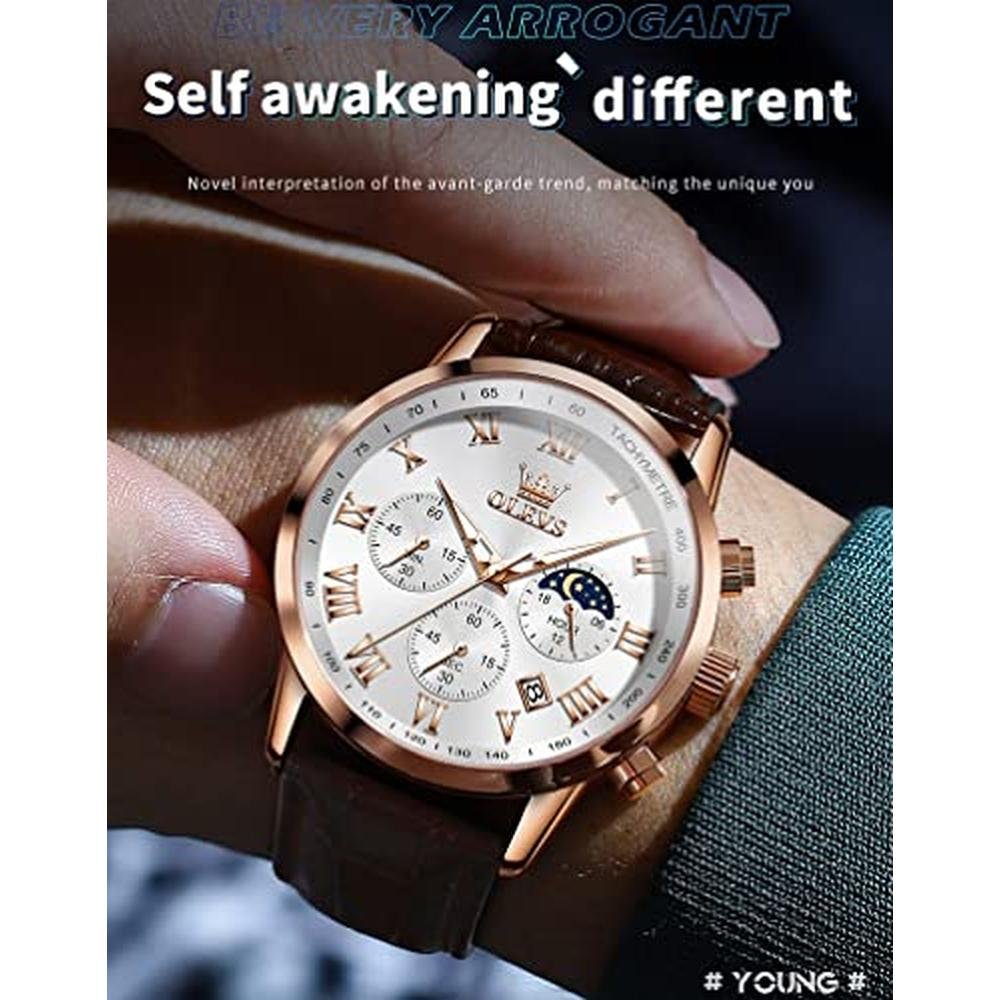 OLEVS Mens Watches: Luxury Leather Chronograph – In Use